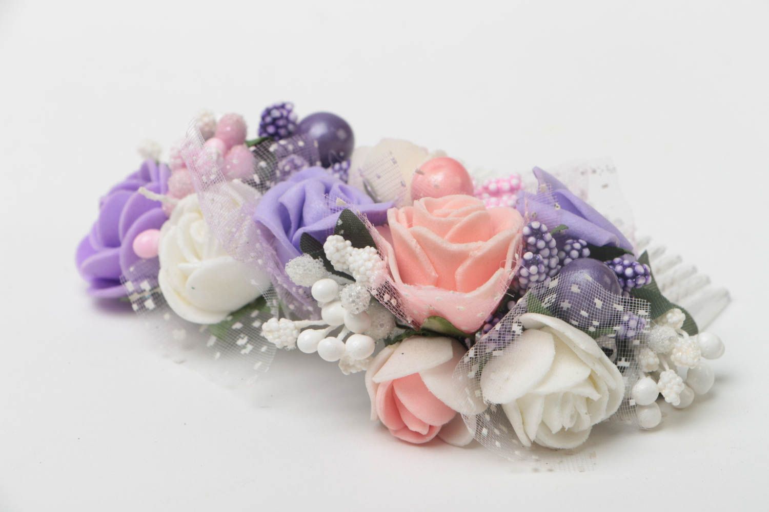 Pettine fatto a mano in plastica con fiori artificiali accessorio per capelli  foto 3