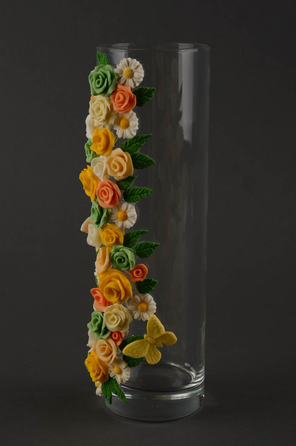 11 inches clear glass flower vase with floral décor with green&yellow roses 1,5 lb photo 4