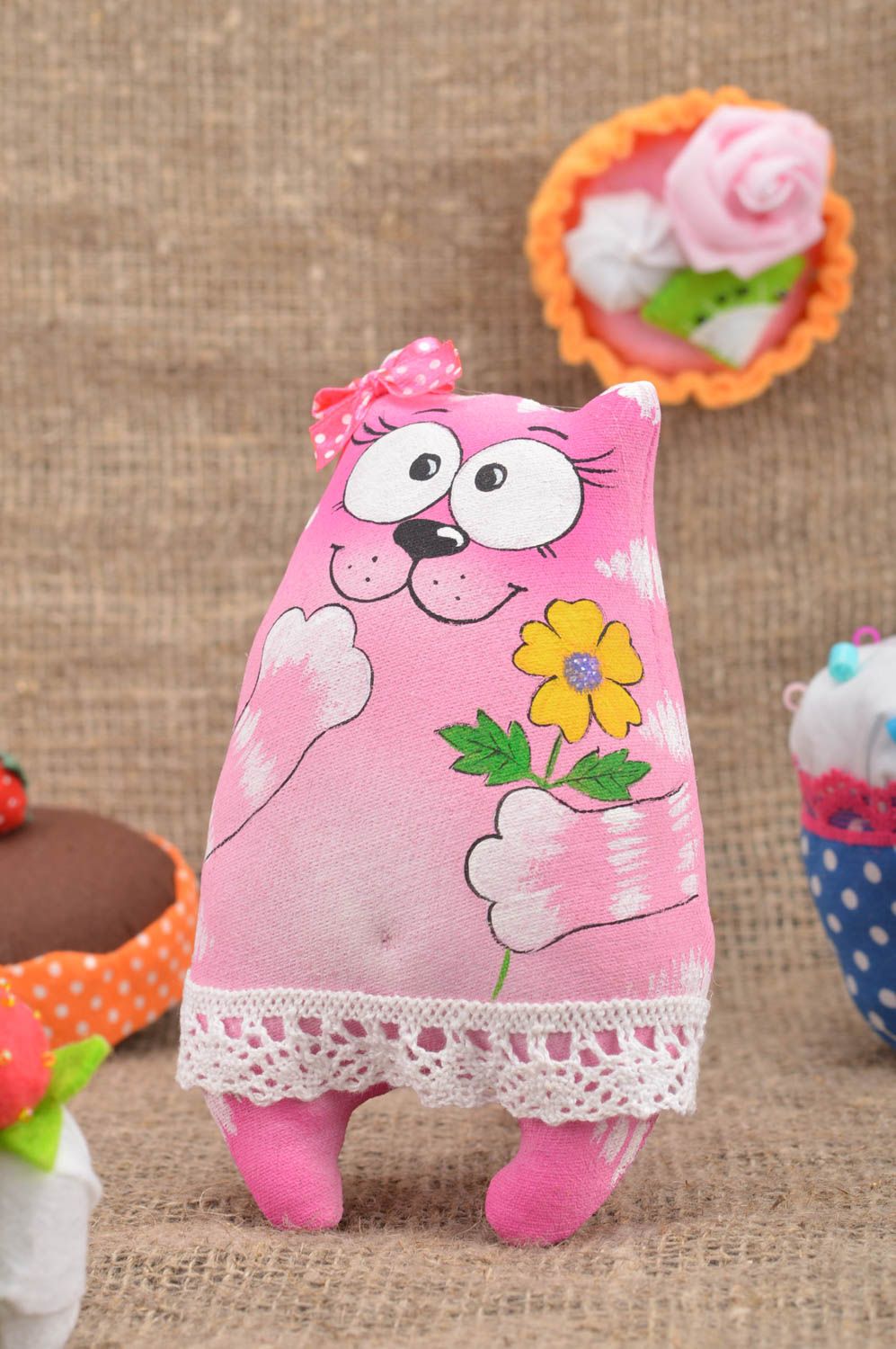 Handmade flavored fabric soft toy cat for children and decor photo 1
