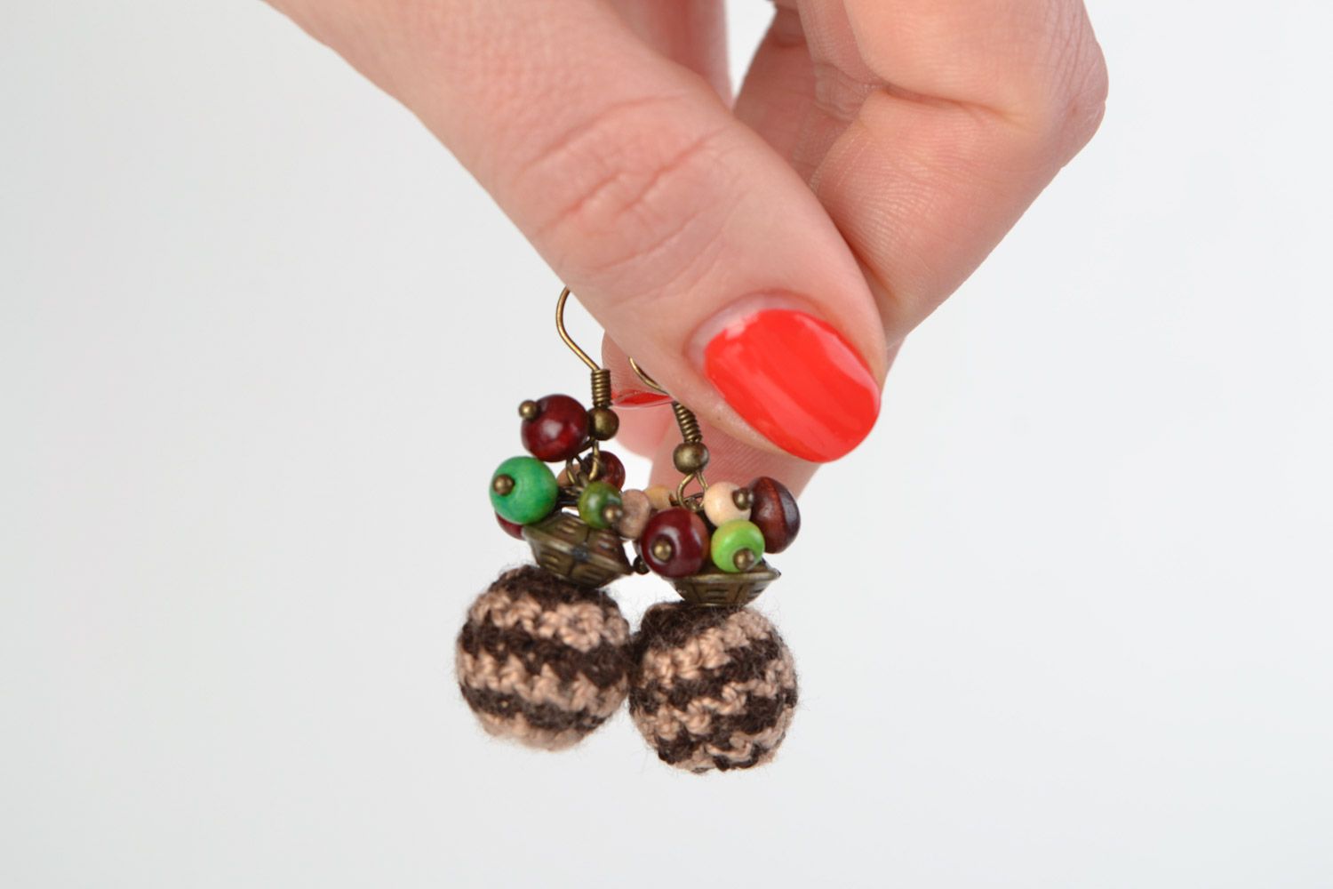 Handmade cute ball-shaped dangling earrings crocheted of acrylic threads Berries photo 2