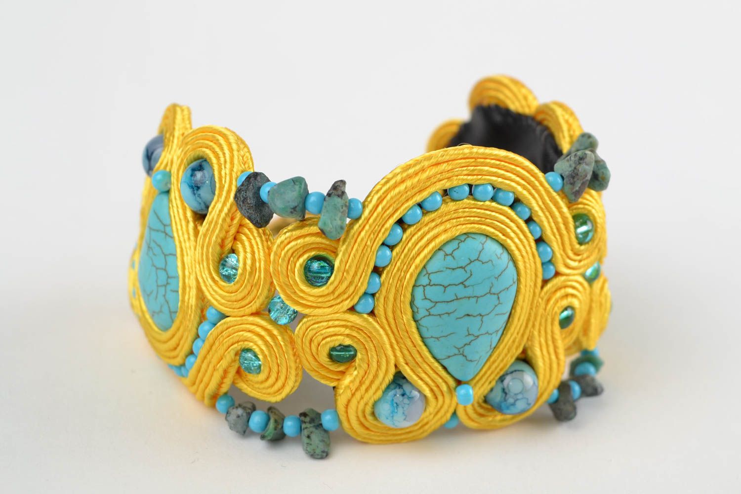 Beautiful handmade designer soutache bracelet with natural turquoise stone photo 3