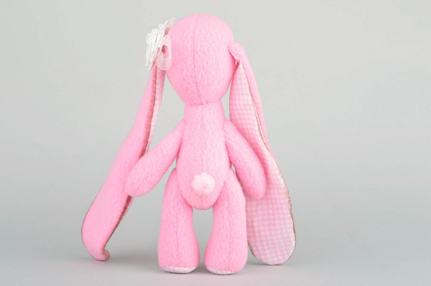 Handmade designer soft toy sewn of fleece and cotton pink rabbit with long ears photo 5