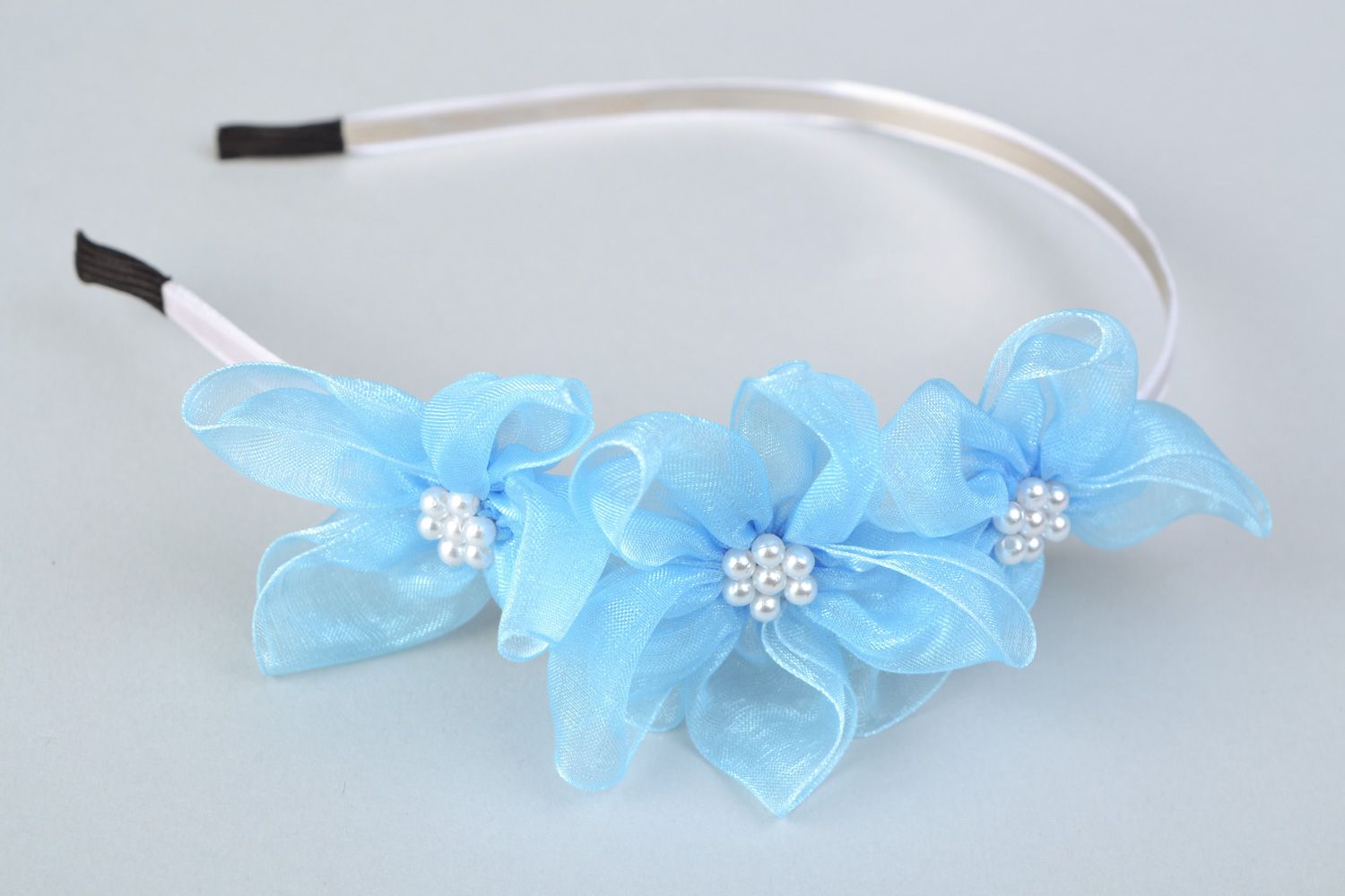 Handmade blue organza flower headband photo 1