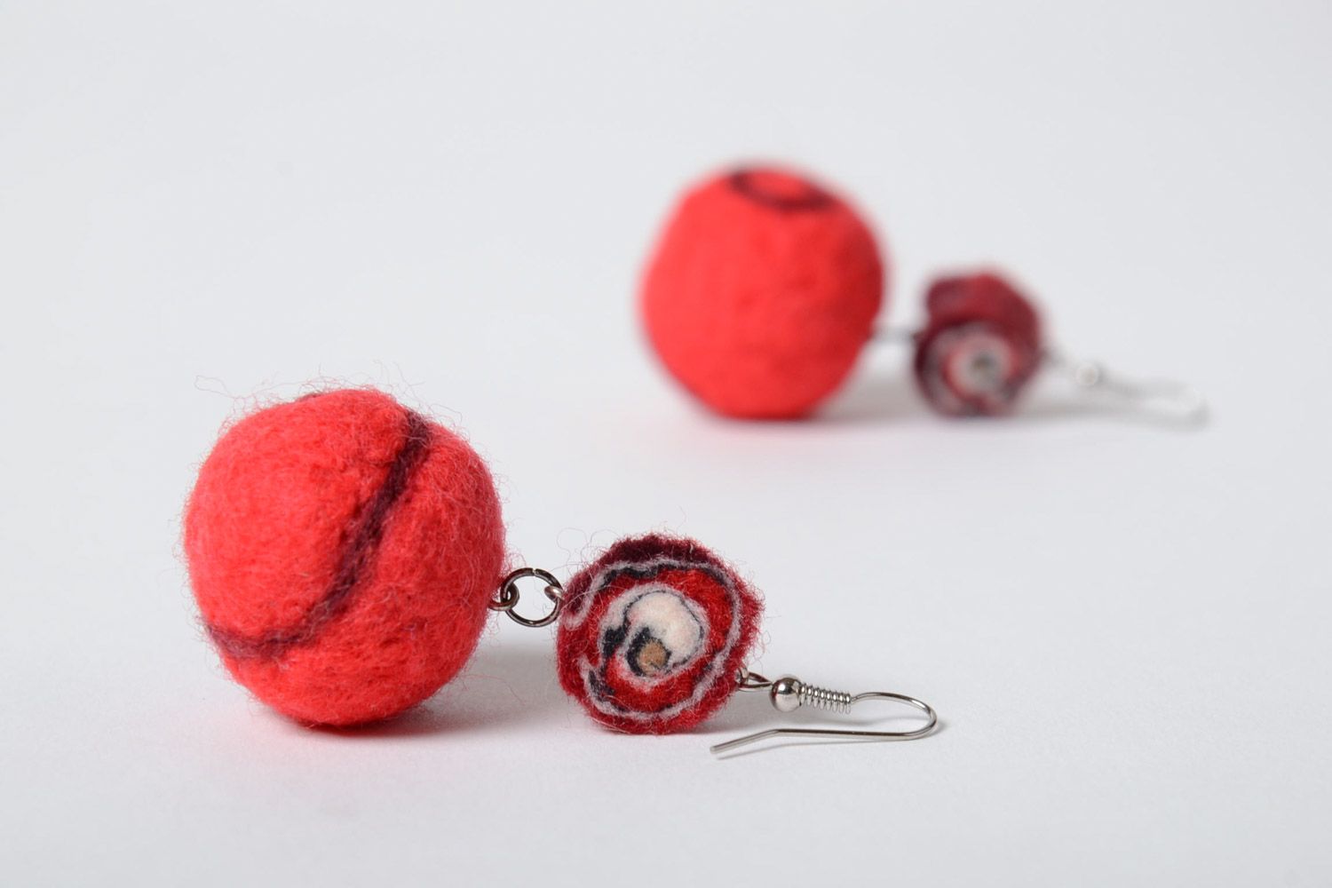 Handmade red natural wool ball earrings women's designer accessory photo 2