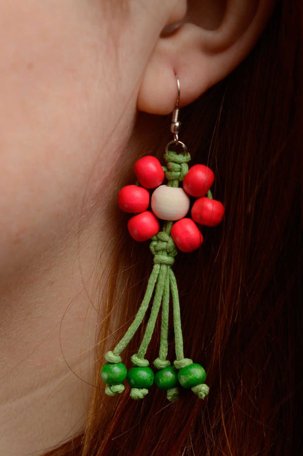 Macrame floral earrings woven of waxed cord and wooden beads photo 3