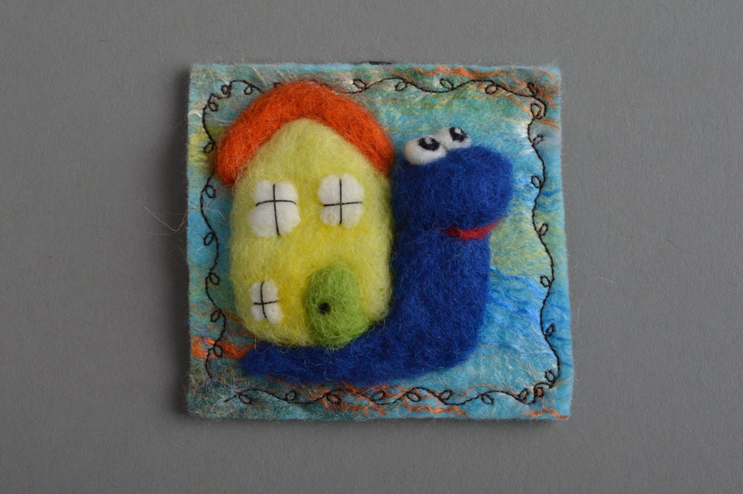 Colorful stylish handmade textile fridge magnet in shape of blue snail photo 3