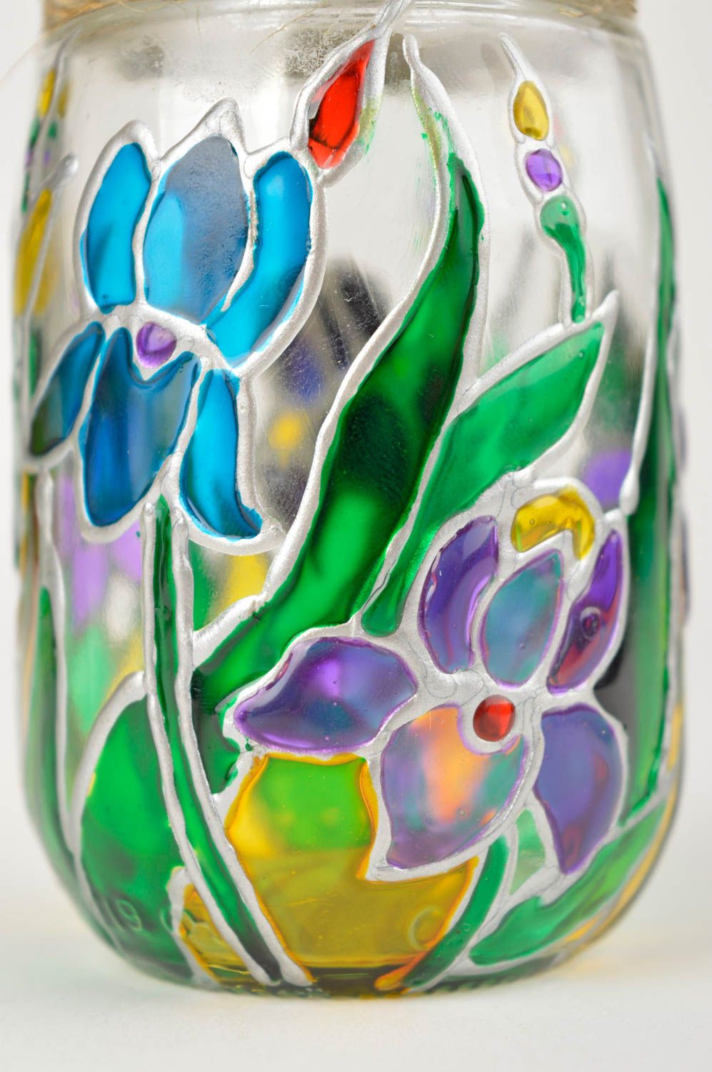 Bocal verre peint fait main Vaisselle design motif floral Déco maison originale photo 2