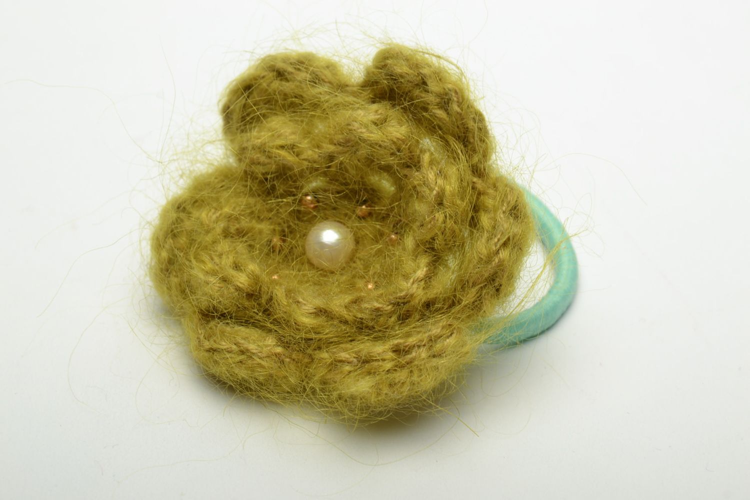 Fluffy olive hair tie with crochet flower photo 3