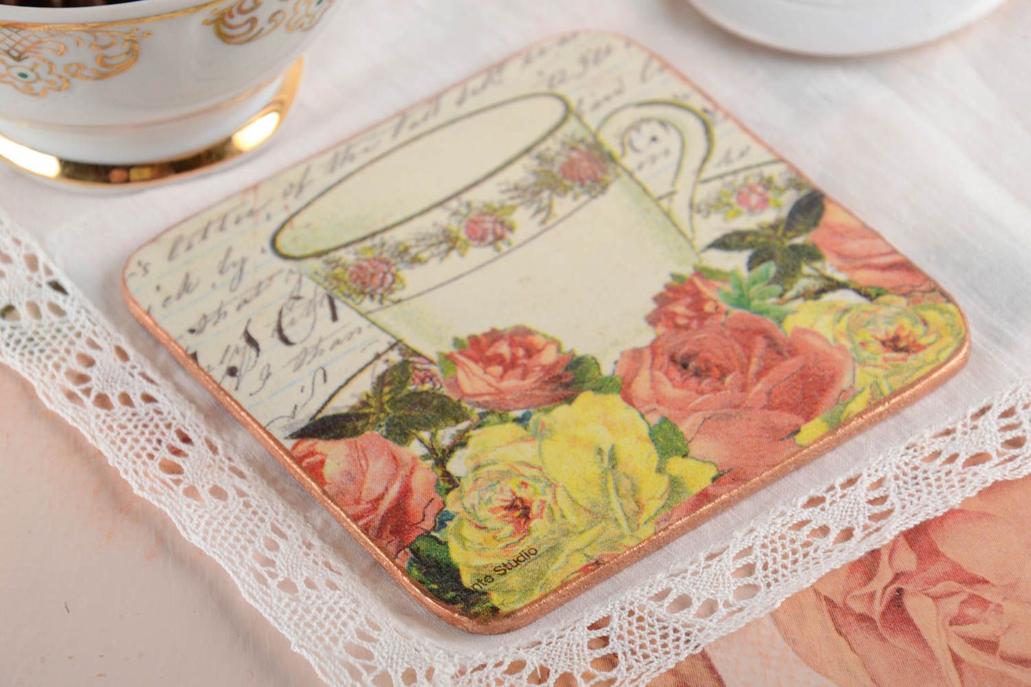 Square handmade MDF coaster for cup decoupage wooden coaster kitchen designs photo 1