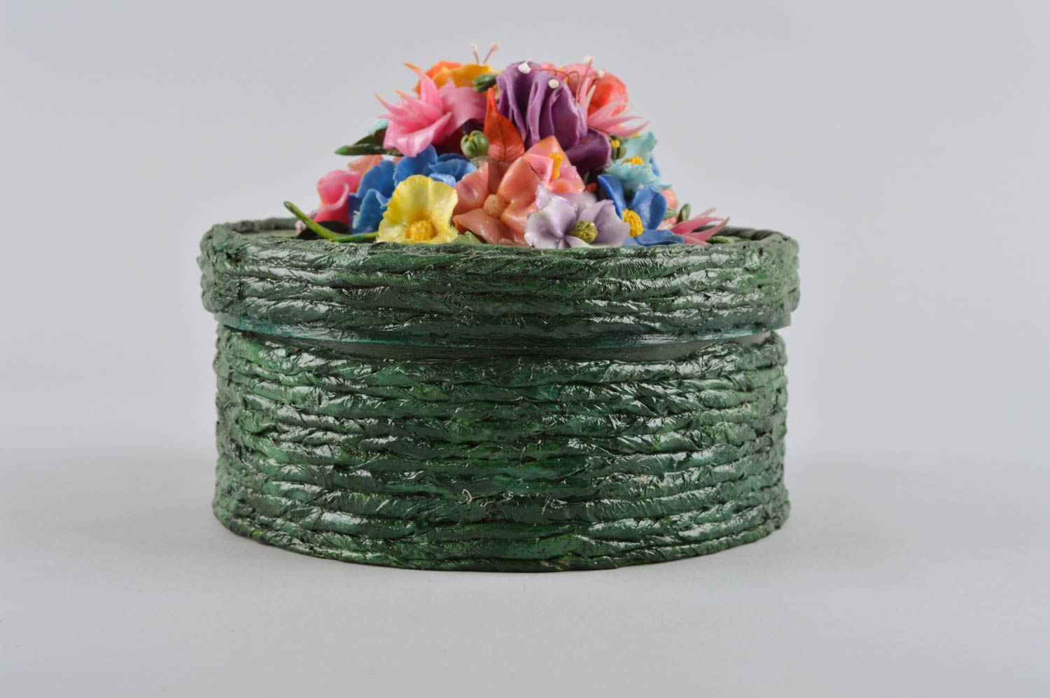 Boîte à bijoux fait main Boîte en papier ronde verte avec fleurs Déco maison photo 3