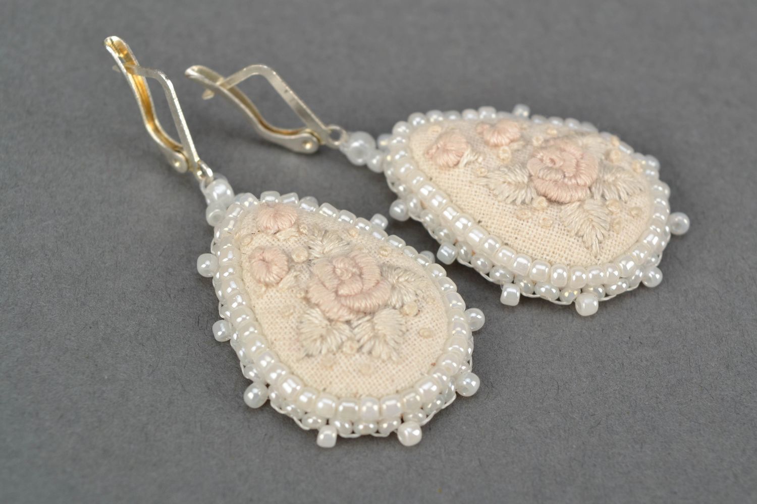 Satin stitch embroidered earrings with beads White Drops photo 4