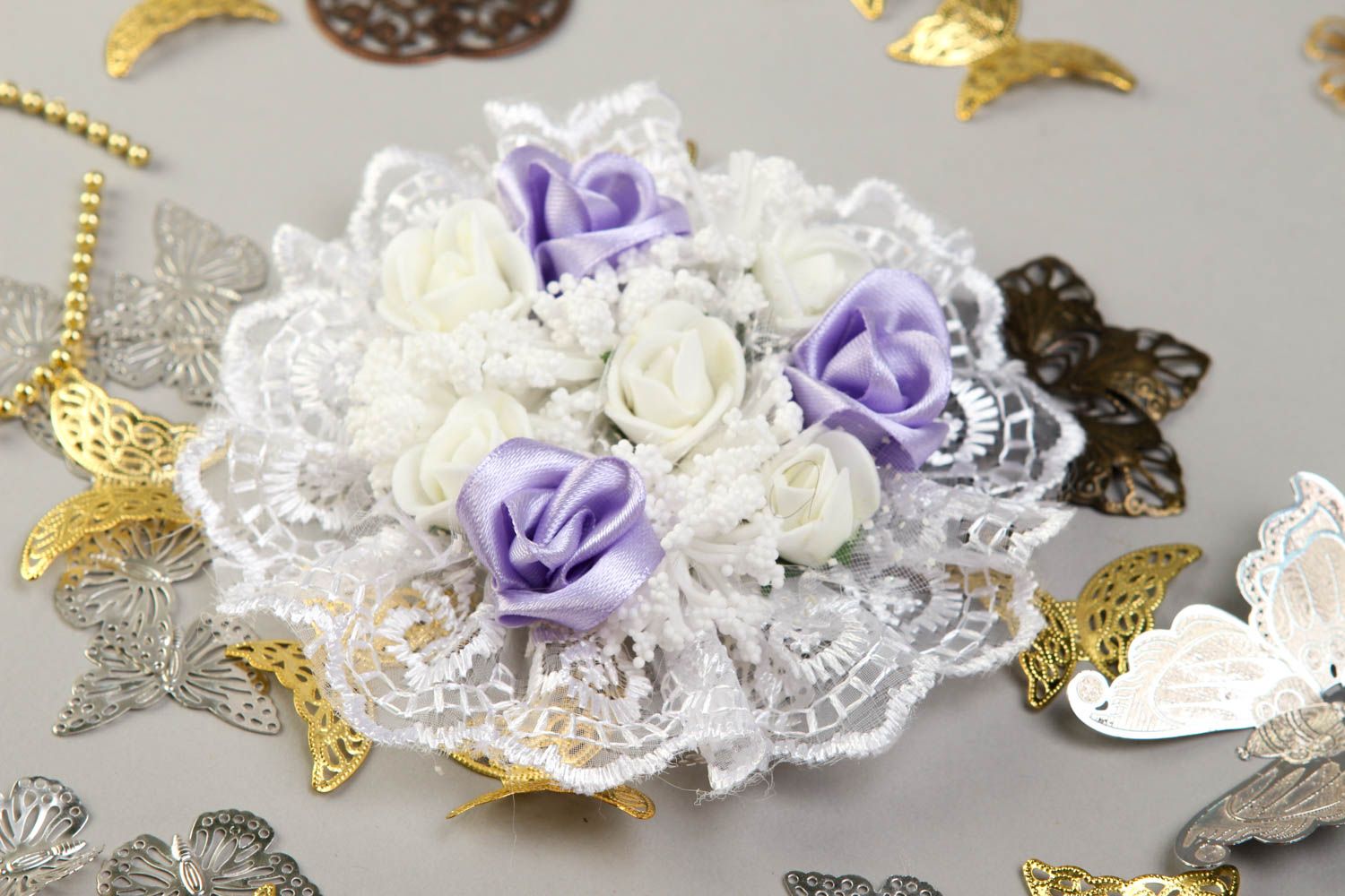 Handgefertigt Damen Modeschmuck Haarspange Blume Accessoire für Haare weiß lila foto 1