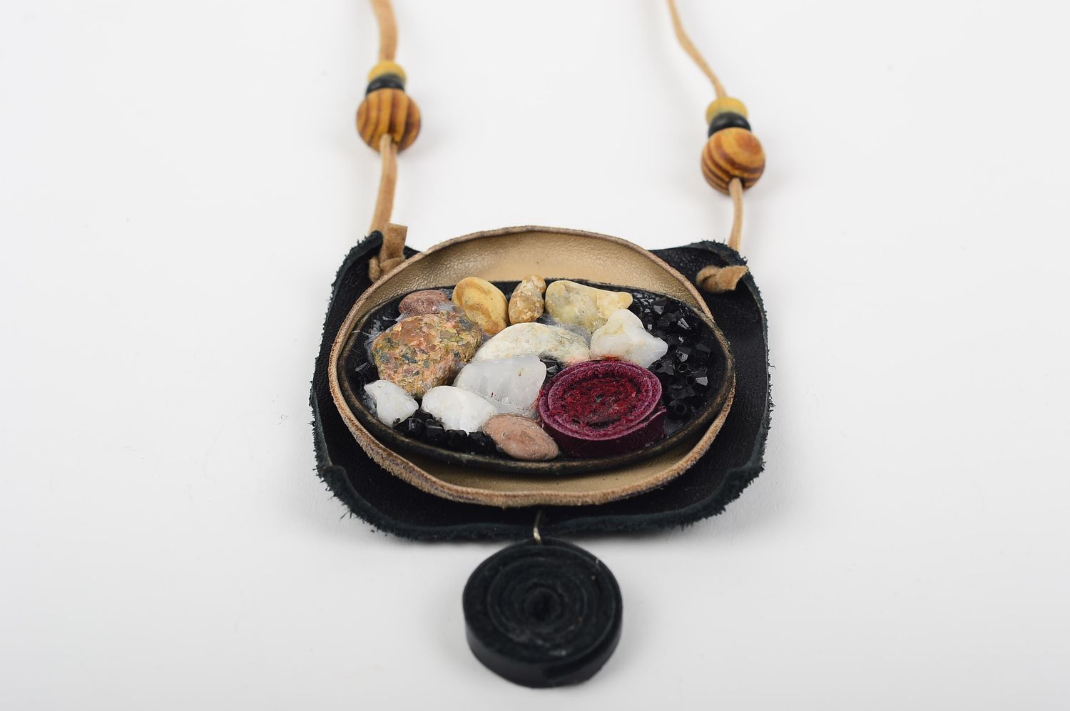 Collier cuir Bijou fait main long avec pierres naturelles Cadeau femme photo 2