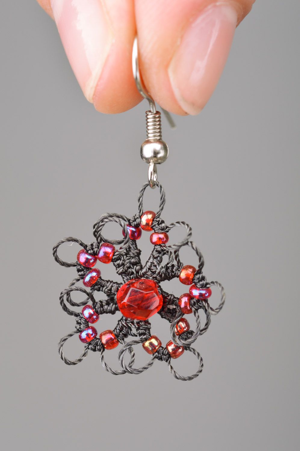 Handmade women's woven tatting earrings with beads photo 2