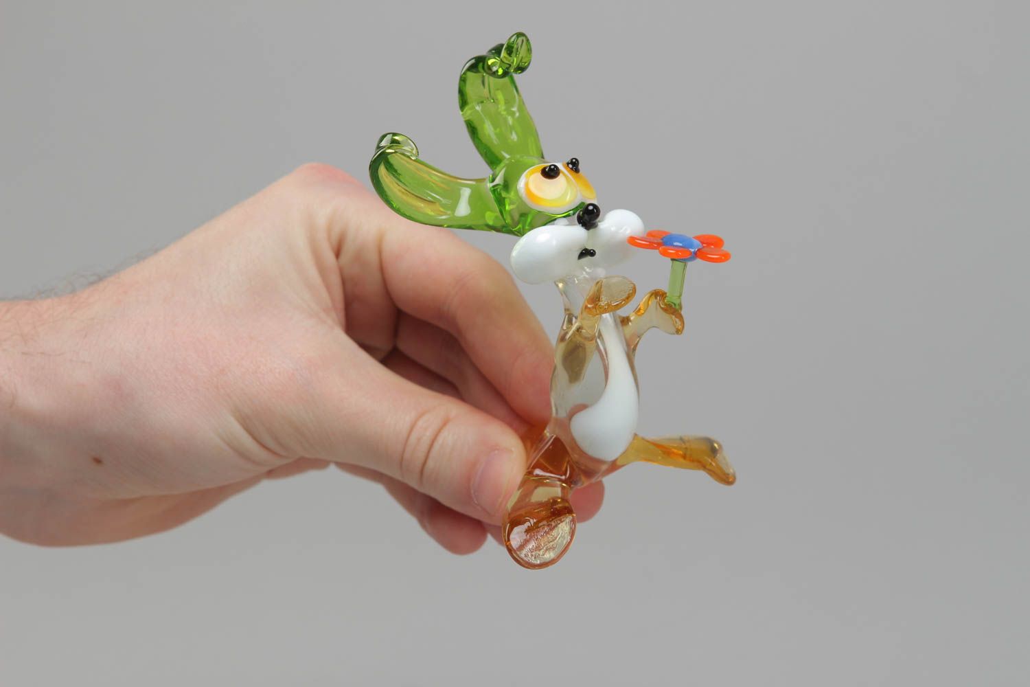 Figurine miniature en verre au chalumeau multicolore faite main Lièvre et fleur photo 4