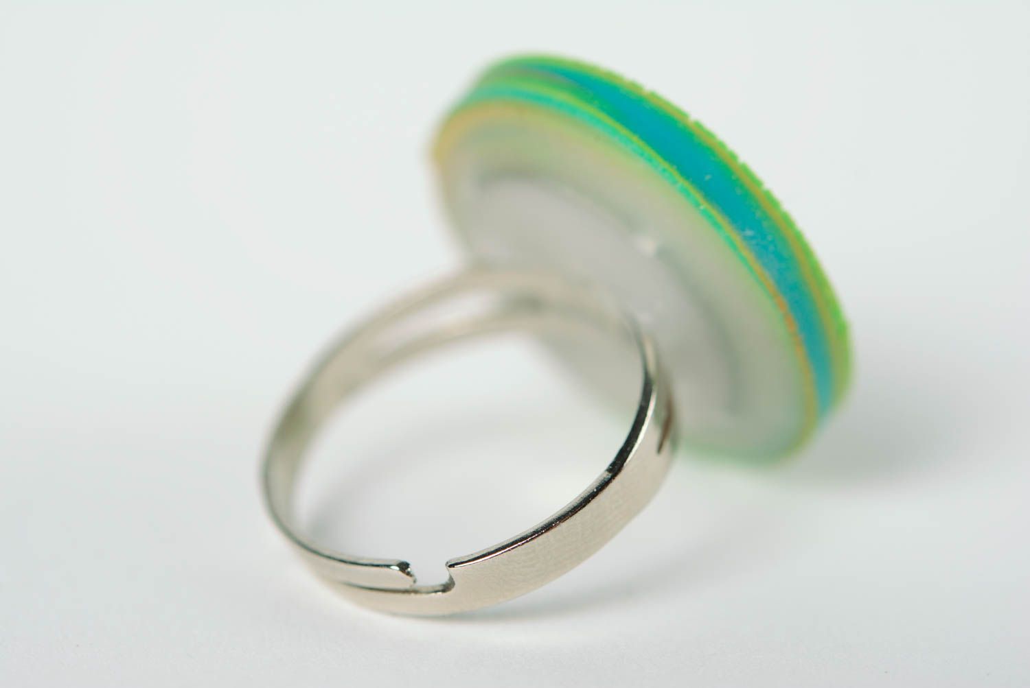 Green handmade designer round polymer clay seal ring for women with adjustable size photo 3