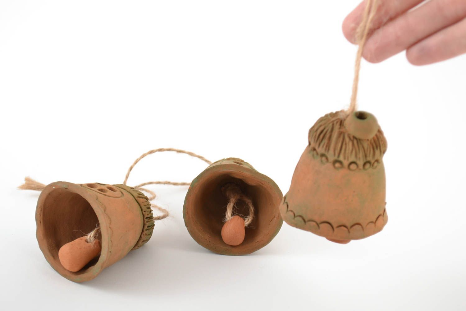 Set of 3 handmade ethnic decorative figured ceramic bells in the shape of houses photo 2