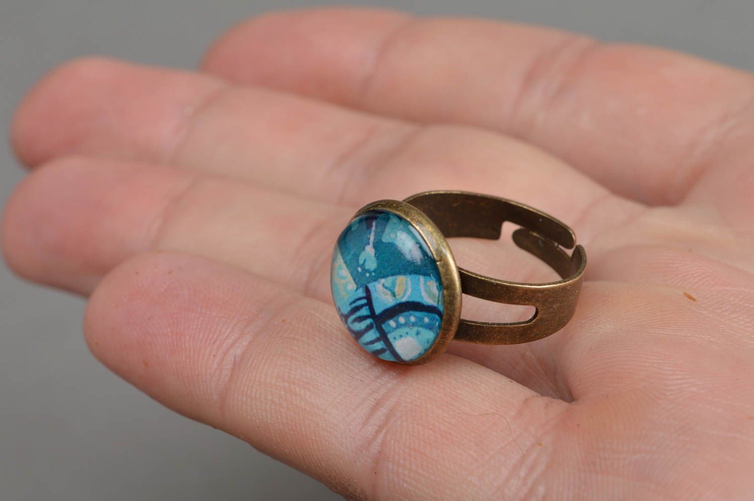Handmade blue pattern decoupage round ring with epoxy resin on metal basis photo 4