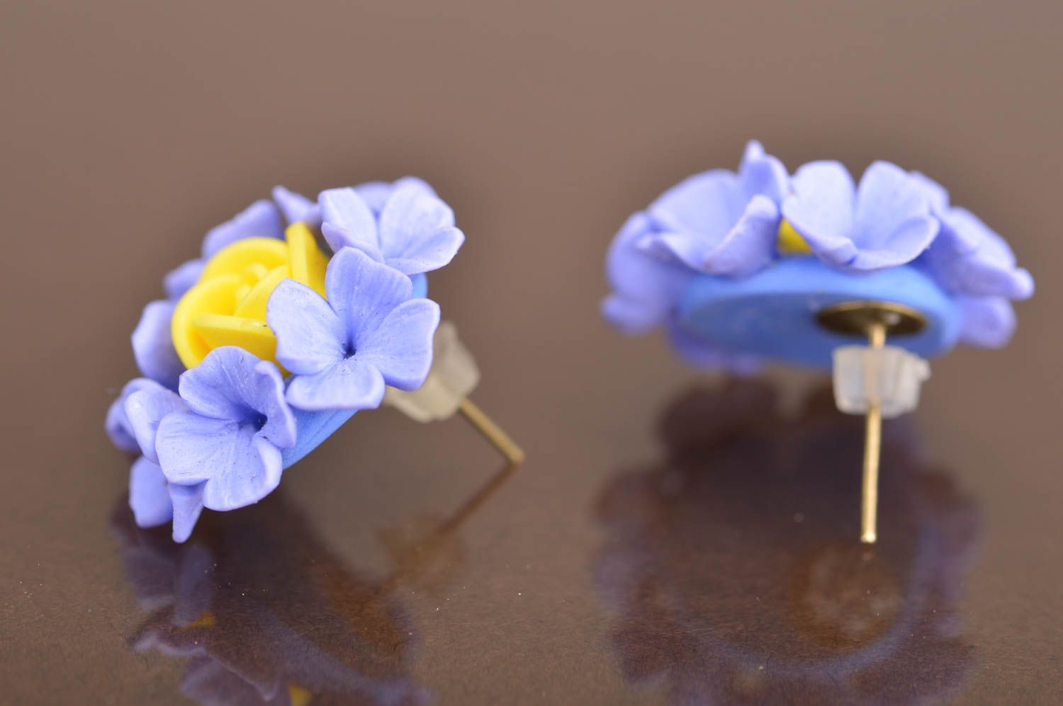 Handmade designer stud earrings with polymer clay violet and yellow flowers photo 4