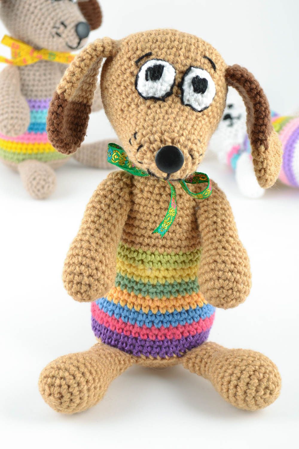 Handmade designer small soft toy crocheted of semi wool and wool cute dog photo 1