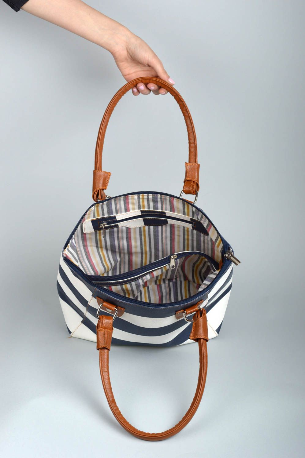 Handmade leatherette shoulder bag striped bag pretty bag for women perfect gift photo 5