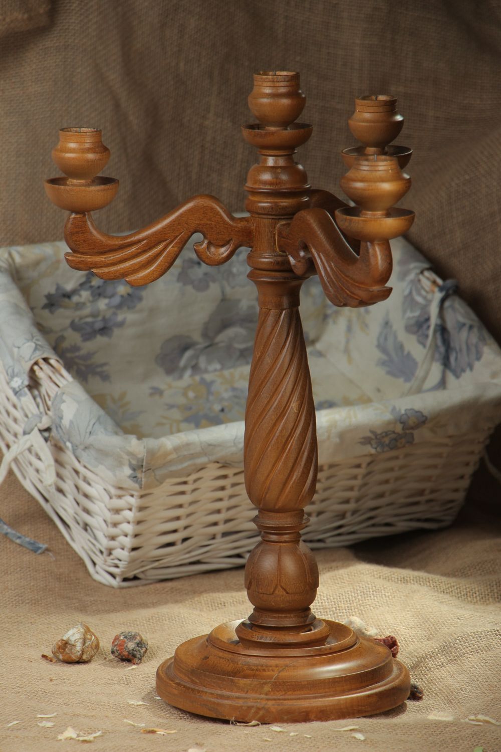 Carved wooden holder for three candles photo 5