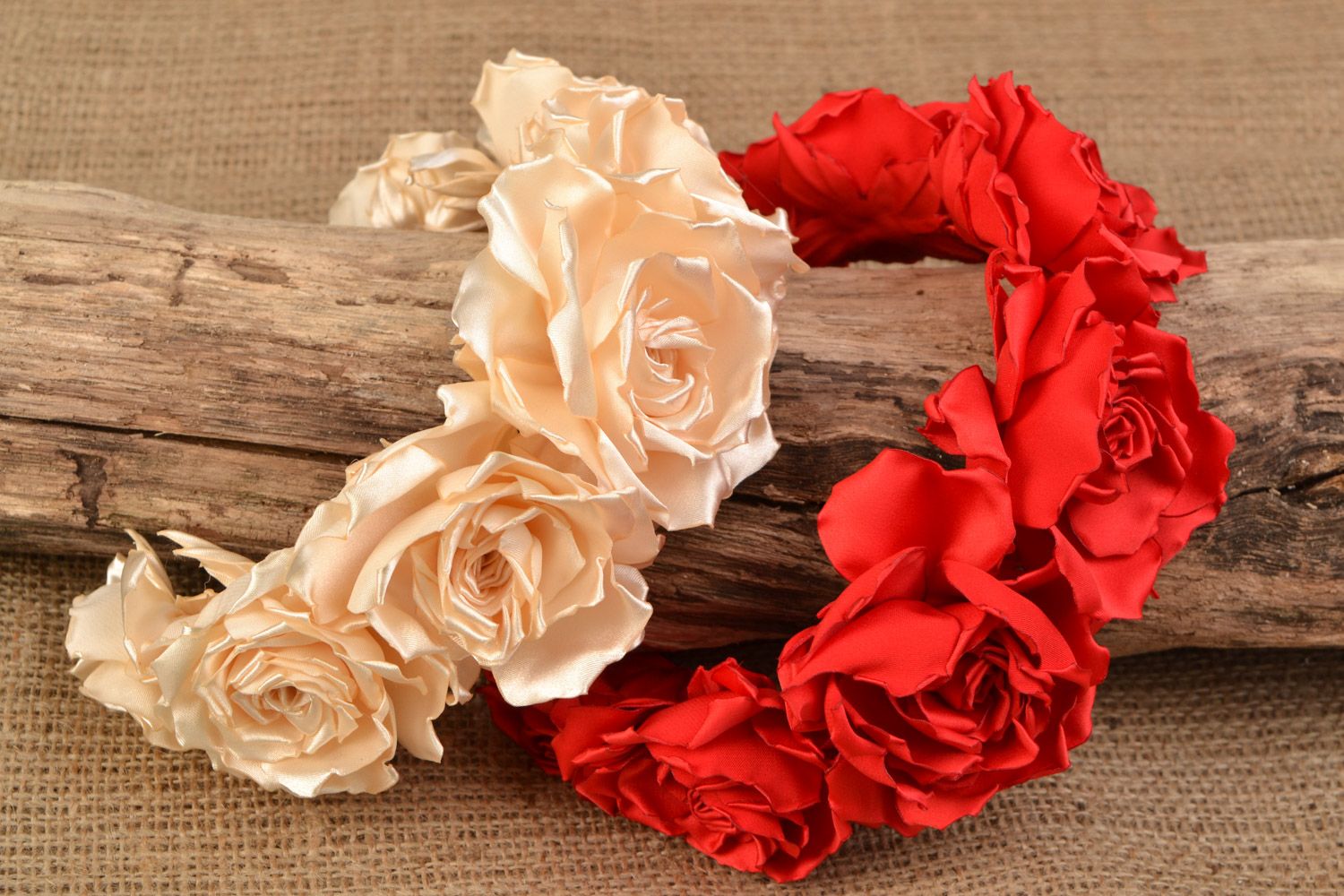 Set of handmade satin and silk flower headbands with red and beige roses 2 items photo 1