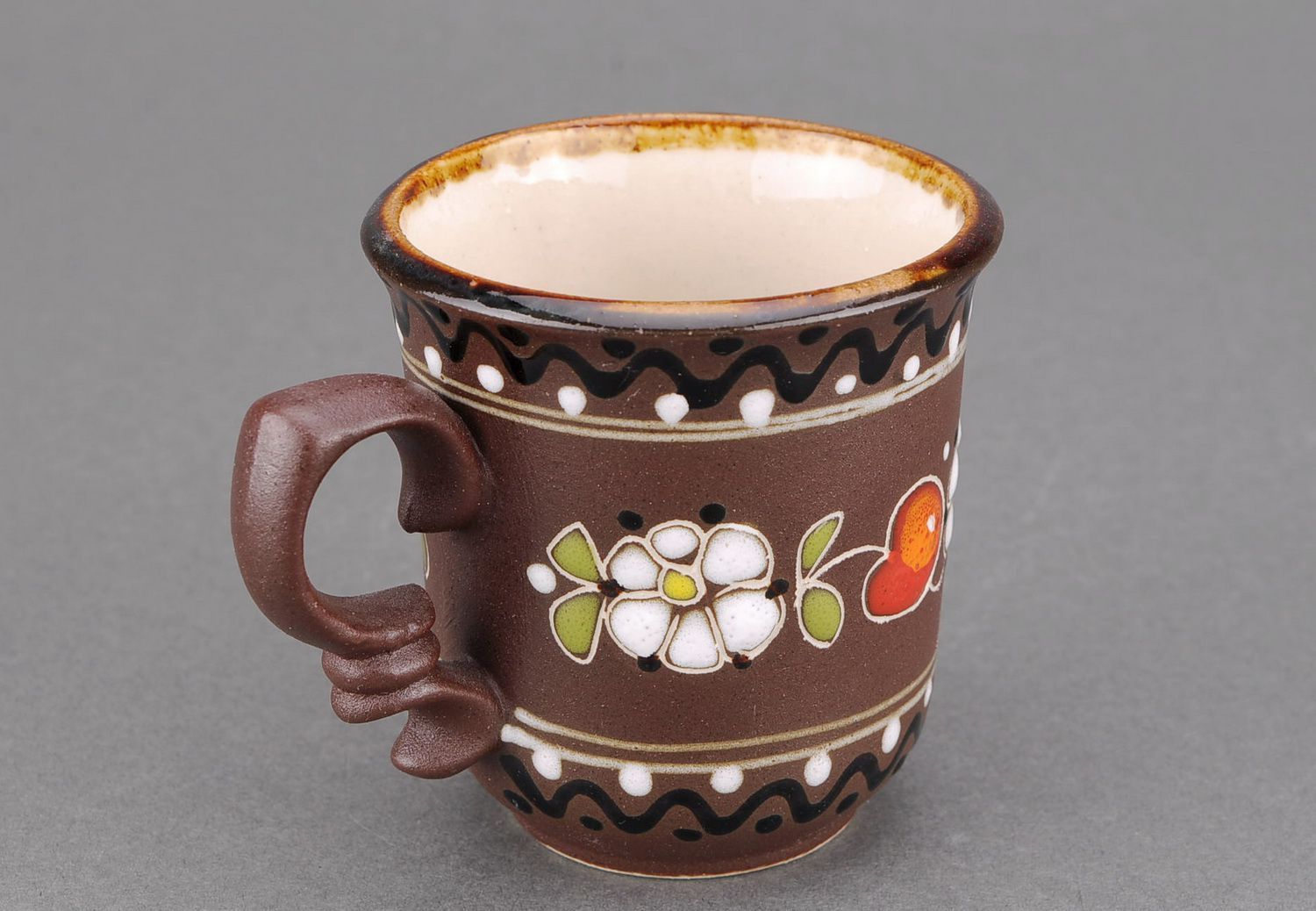 Clay lead-free glazed hand-painted teacup in brown, white, and red color with handle photo 4
