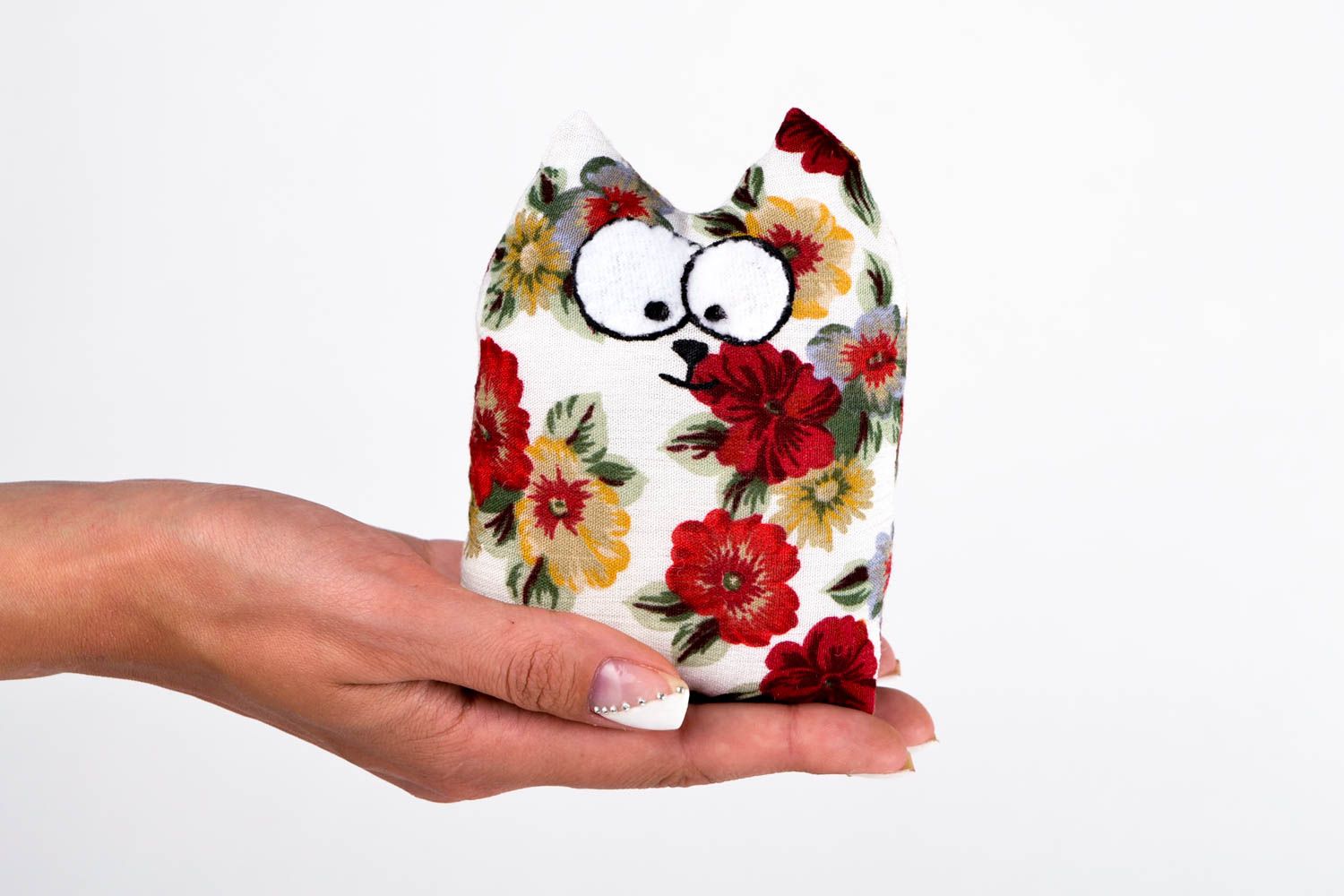 Peluche chat à fleurs Jouet fait main en satinette et polaire Cadeau pour enfant photo 2