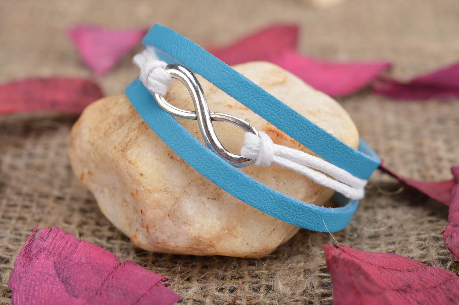 Handmade blue and white natural leather cord thin wrist bracelet for kids photo 1
