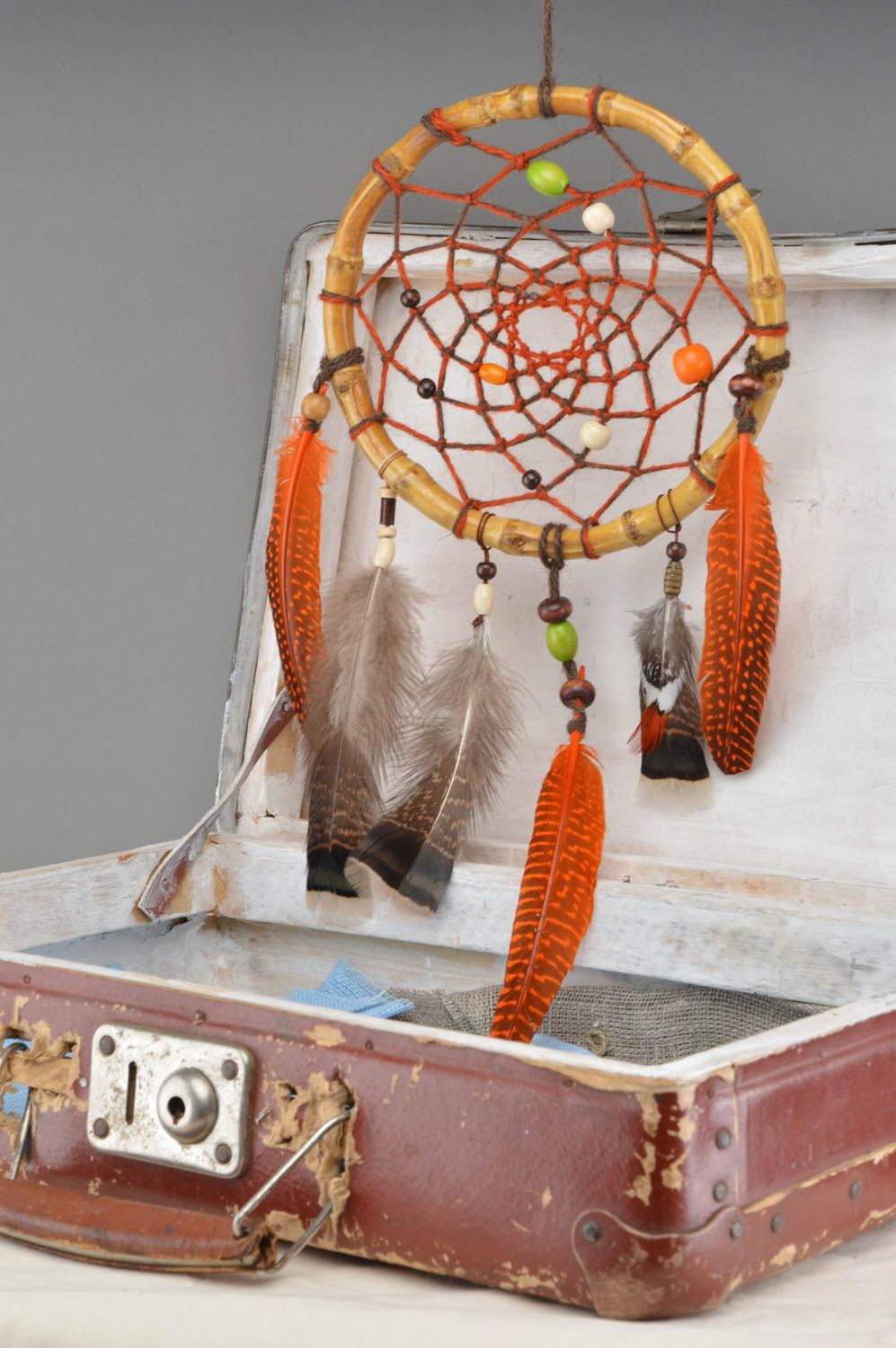 Оригинальный Ловец Снов интерьерная подвеска из бамбука ручной работы оранжевая фото 1