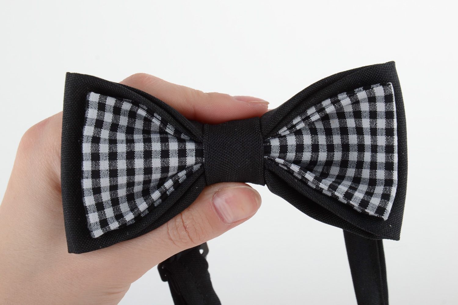 Handmade bow tie sewn of black and checkered costume fabric for men photo 5