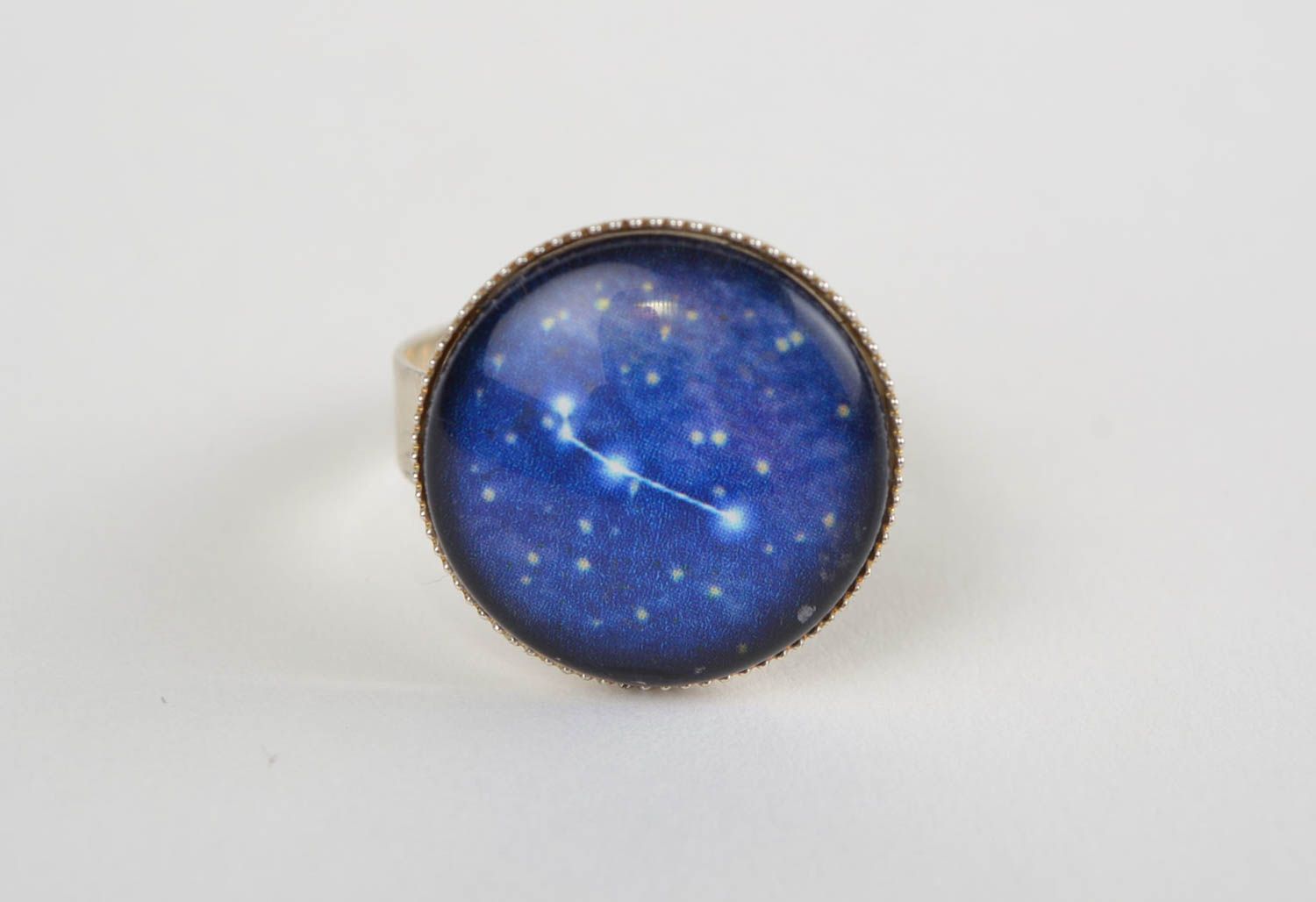 Beautiful handmade blue round top metal ring with Aries zodiac sign photo 2