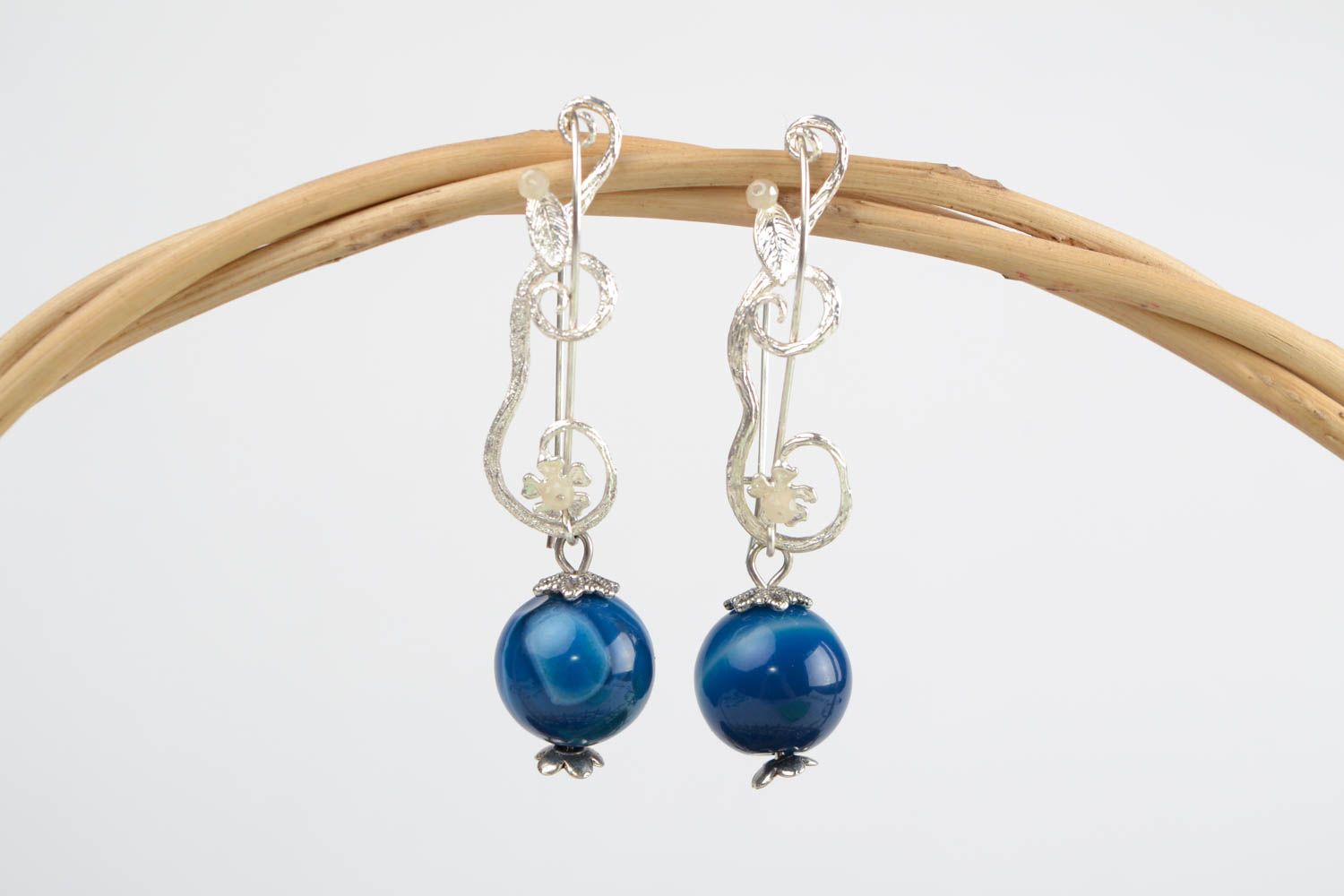 Handmade dangling earrings with silver colored fittings and blue agate beads photo 1