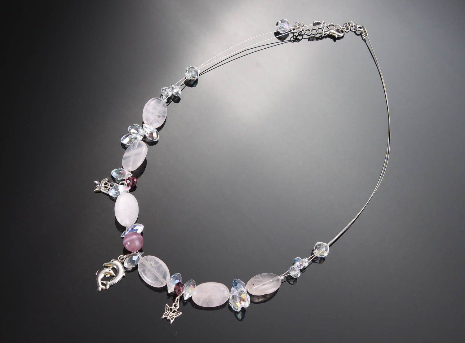 Necklace made of pink quartz & crystal photo 3