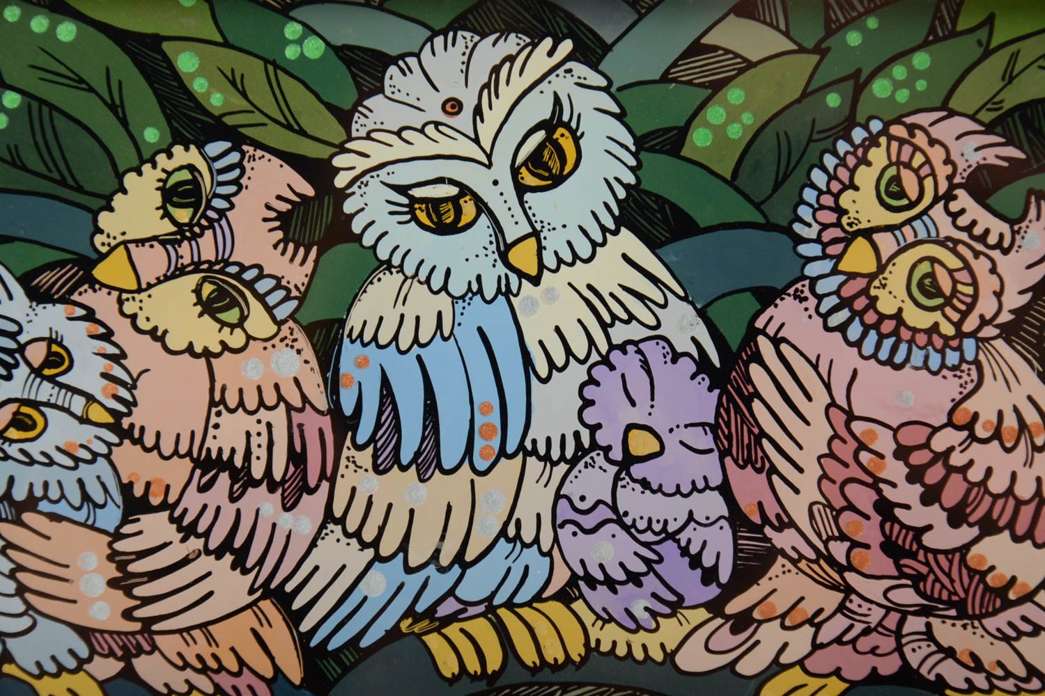 Картина масляными красками в деревянной раме прямоугольная с совами хэнд мейд фото 3