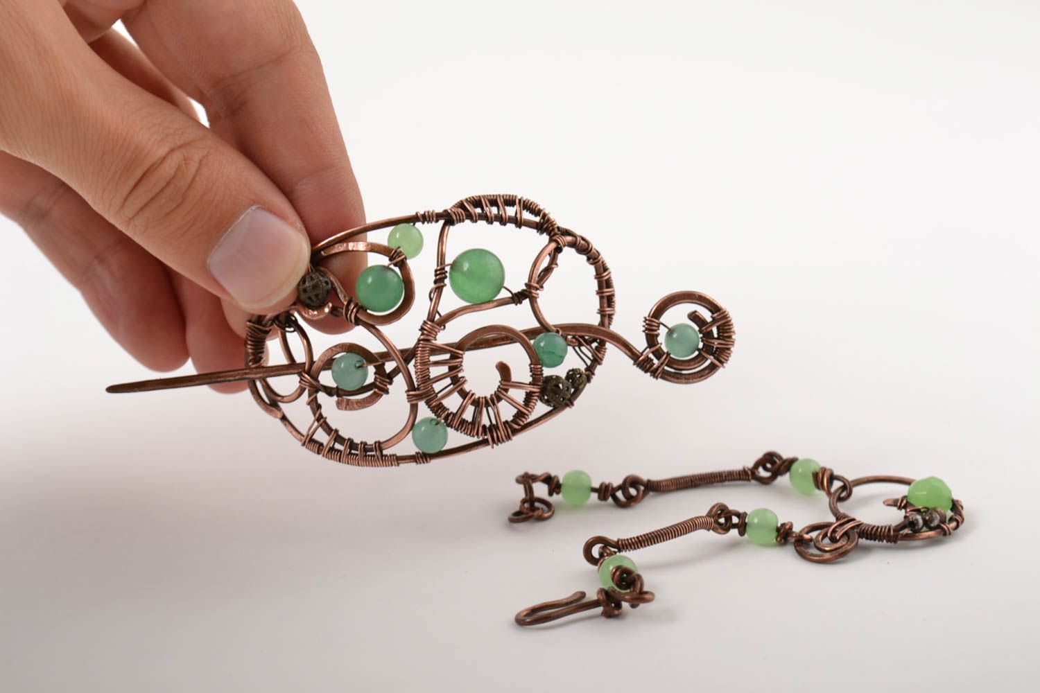 Handmade bracelet unusual hair clip for women designer jewelry set of 2 items photo 5