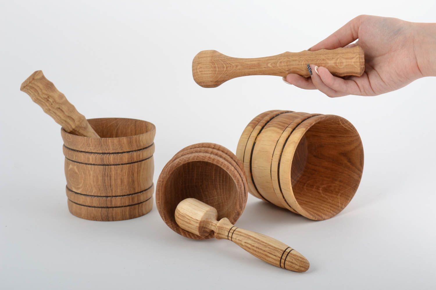 Set of 3 spice mortars and pestles made of beech wood eco friendly tableware photo 3