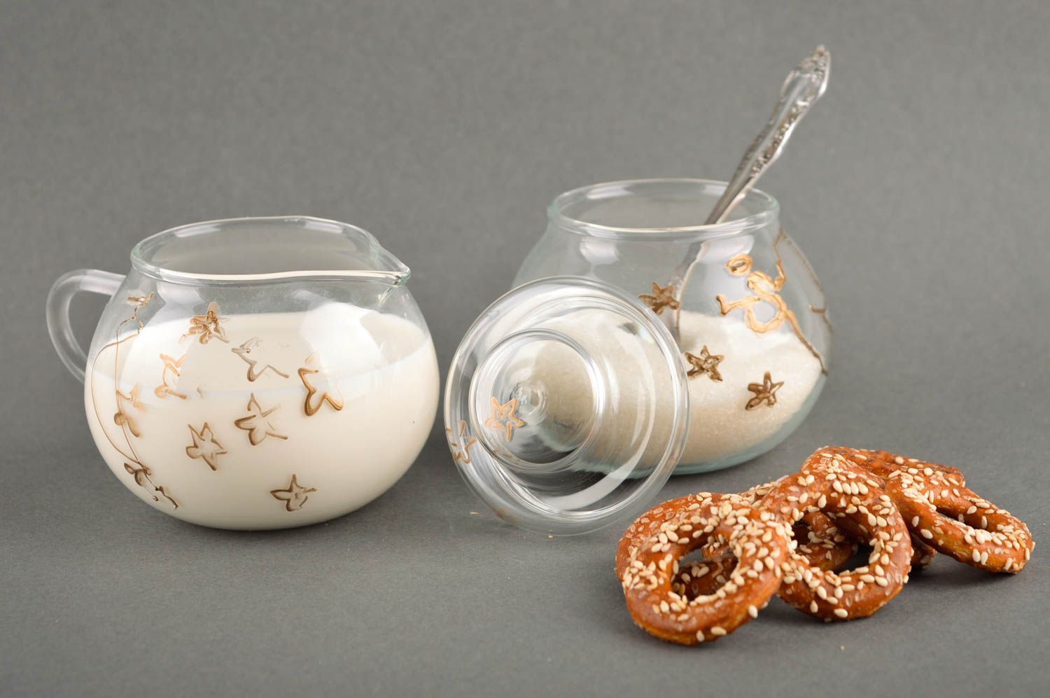 Geschirr Set handmade Kleine Milchkanne Küchen Zubehör Zuckerdose Glas bemalt foto 1