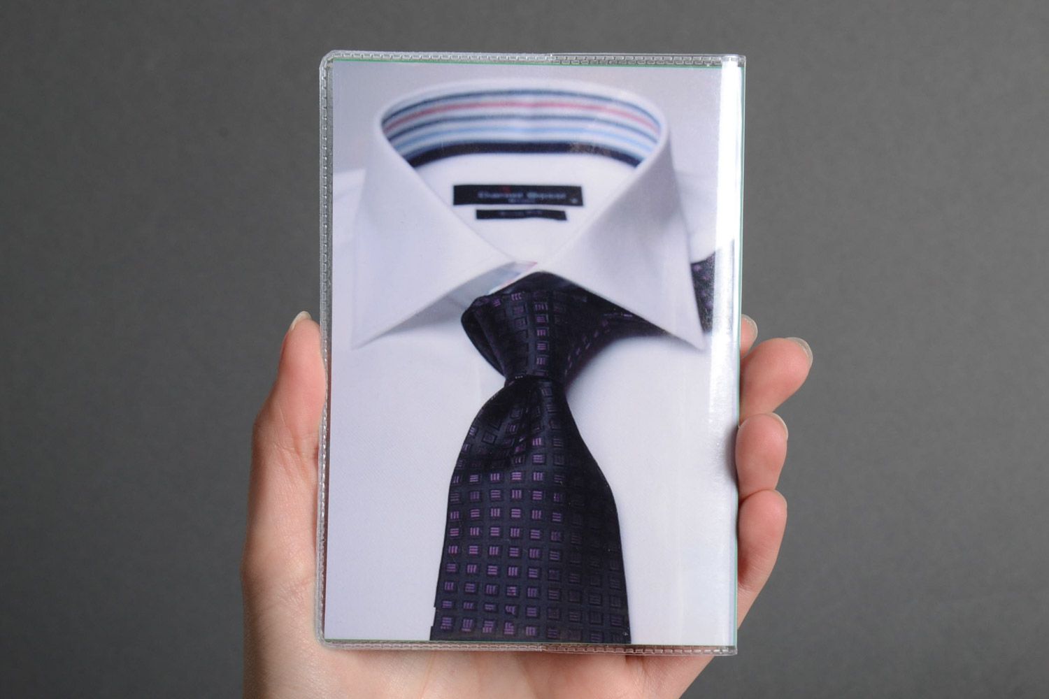 Handmade white plastic passport cover with image of collar and tie for men photo 5