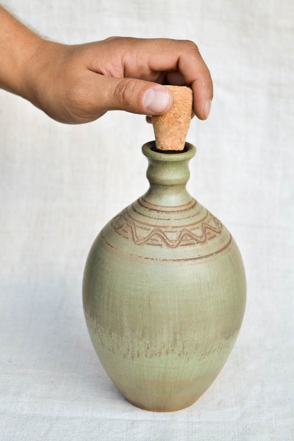 Глиняная бутылка посуда ручной работы глиняная посуда с пробкой зеленая фото 2
