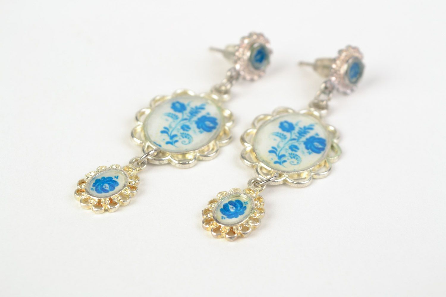 Handmade long vintage earrings with jewelry epoxy resin in blue color palette photo 5