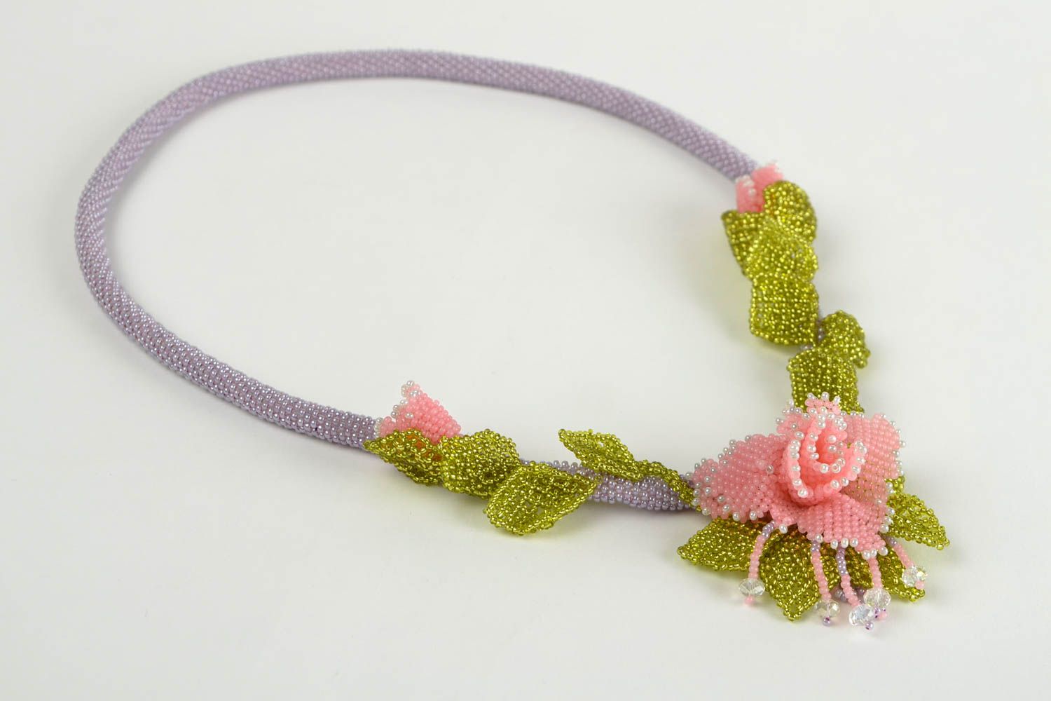 Handcrafted beaded cord necklace crocheted accessory beaded jewelry roses photo 3