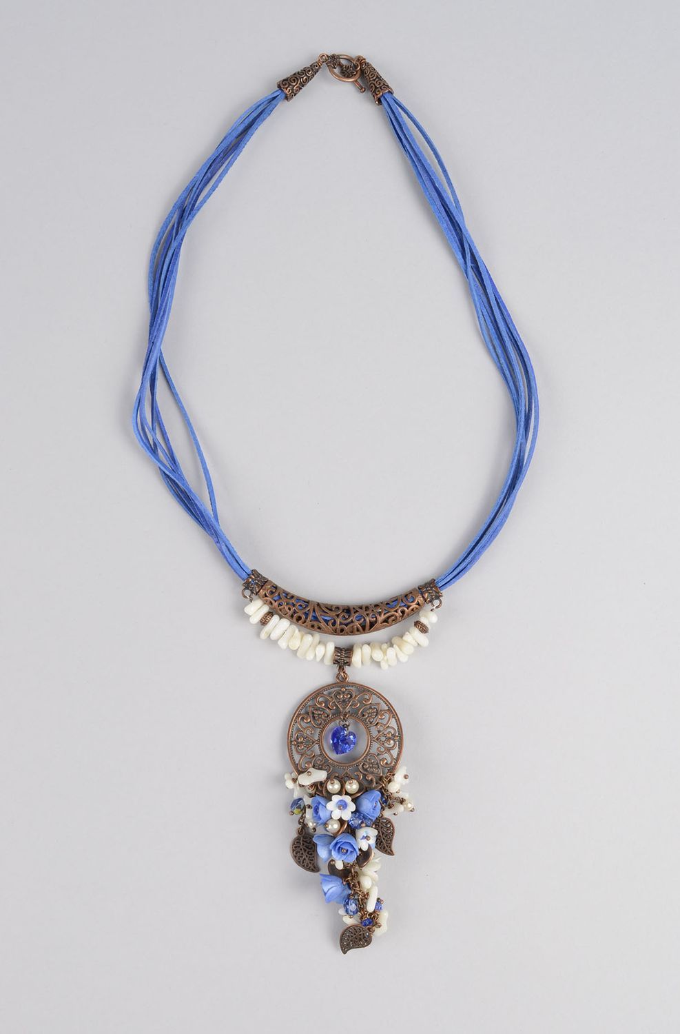 Collier pendentif Bijou fait main bleu métal corail pâte polymère Cadeau femme photo 1