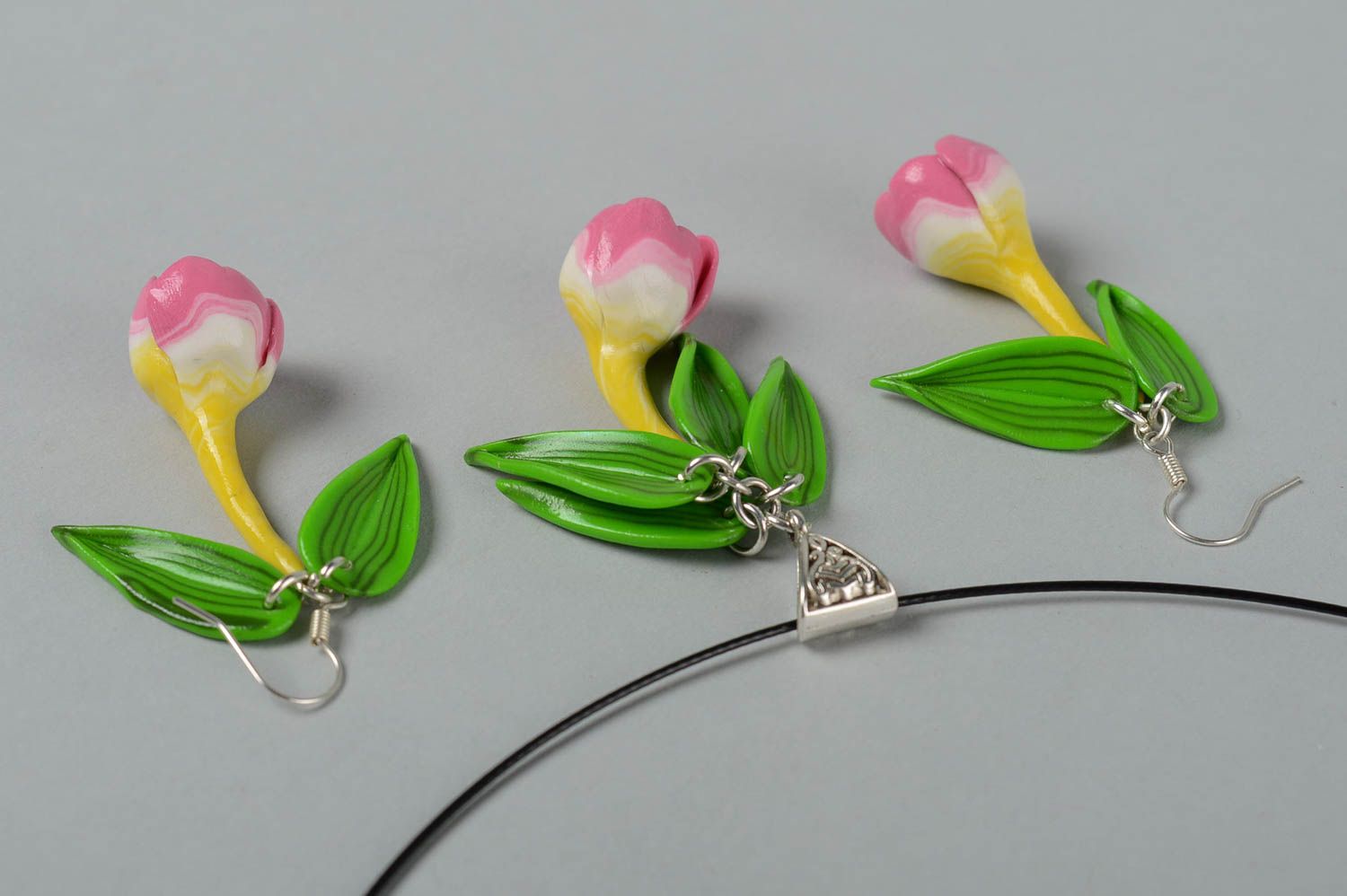Handmade plastic necklace plastic earrings polymer clay earrings flower pendant photo 4