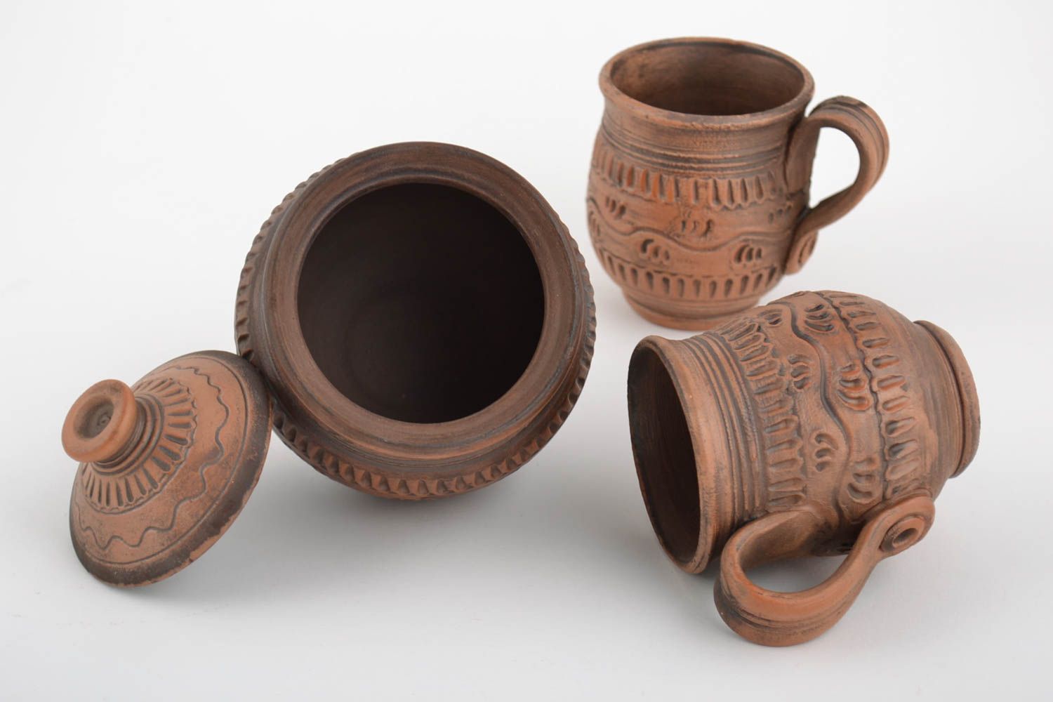 Beautiful handmade designer ceramics set 2 cups 200 ml and 150 ml and sugar bowl photo 3