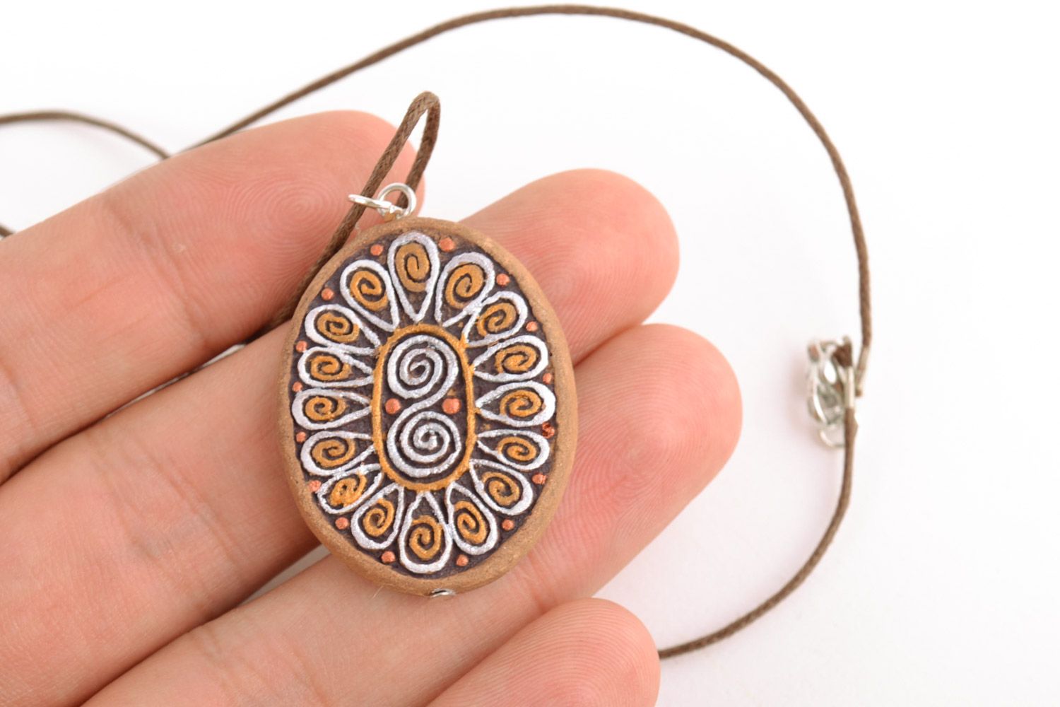 Handmade clay oval pendant with pattern painted with acrylics photo 2