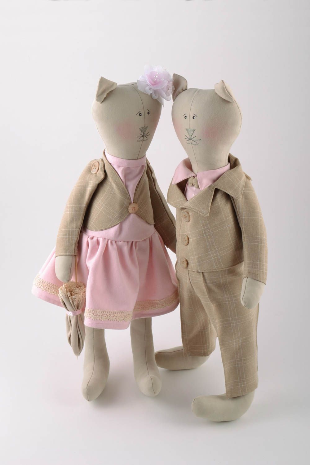 Set of 2 designer handmade linen fabric tender soft toys cat boy and cat girl photo 1