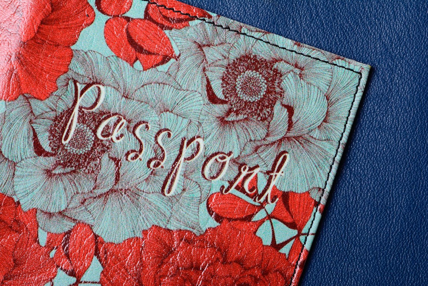 Handmade designer leather passport cover with flower print photo 4
