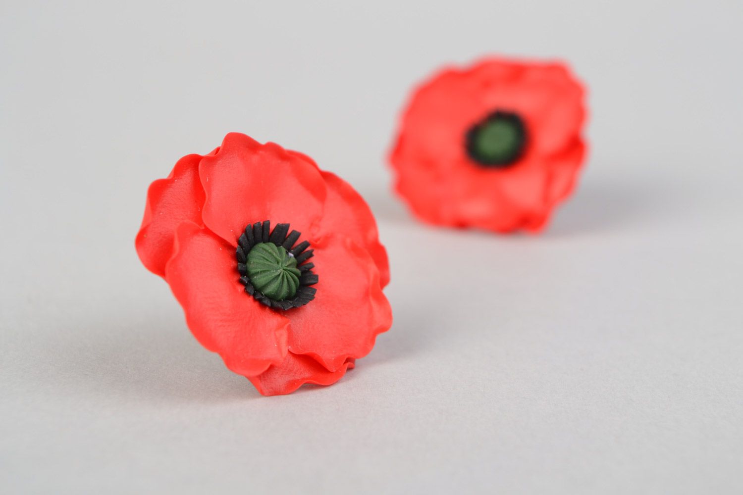 Handmade polymer clay stud earrings in the shape of large red poppy flowers  photo 5